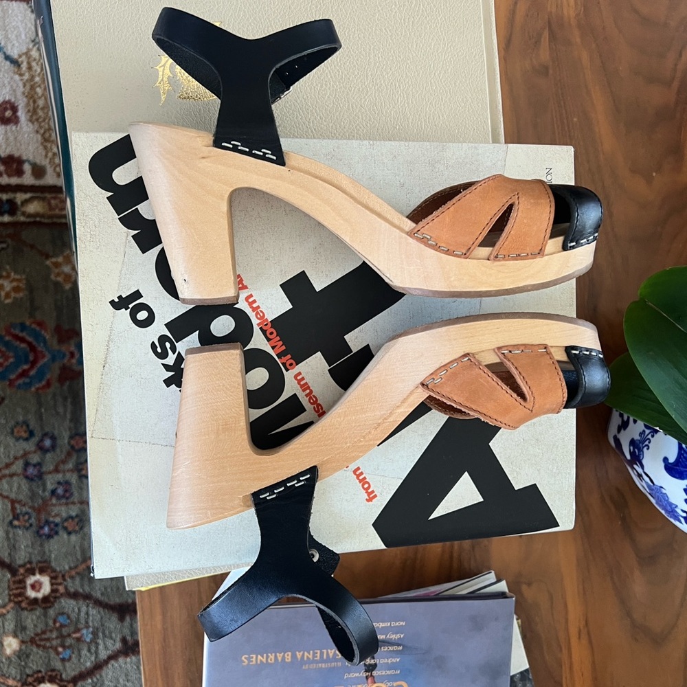 Hasbeens Toffel Clog Heel Sandals Black & Brown Leather Womens Size EU 39 US 9